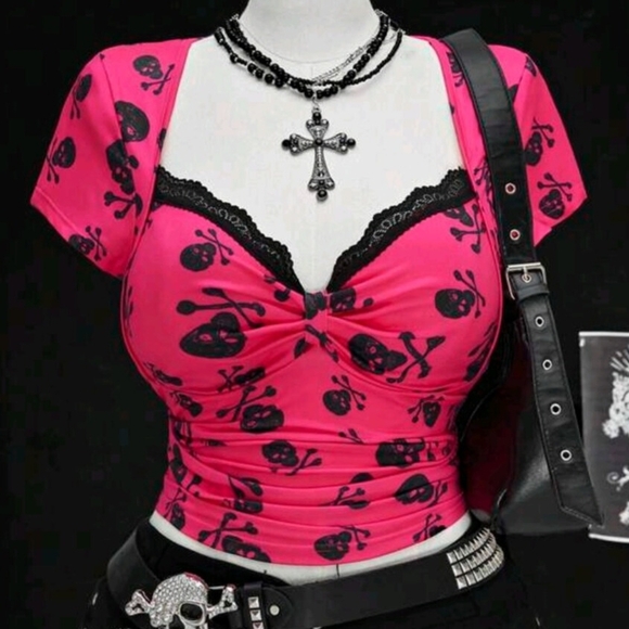 SHEIN Pink and Black Skull Print Blouse - Picture 1 of 6